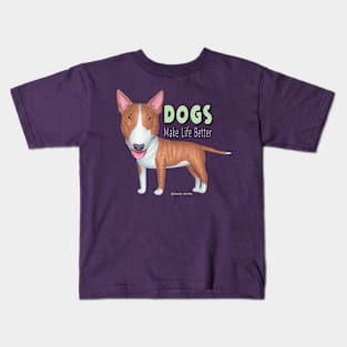 Cute Bull Terrier puppy making life better on purple shirt Kids T-Shirt